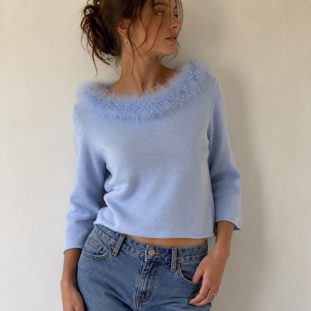 Vintage Y2K 2000s Powder Blue Feather Trim Sweater Top Large Coquette